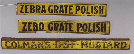 Three enamel signs - Zebra Grate Polish, Zebo Grate Polish and Colmans DSF Mustard longest 44cm